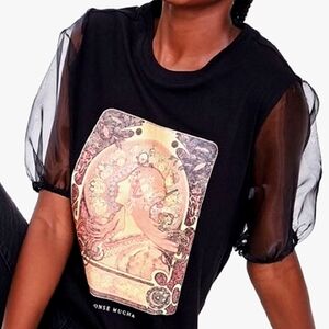 NEW Forever 21 x Mucha Black Sheer Organza Sleeve Printed Top Tee Medium